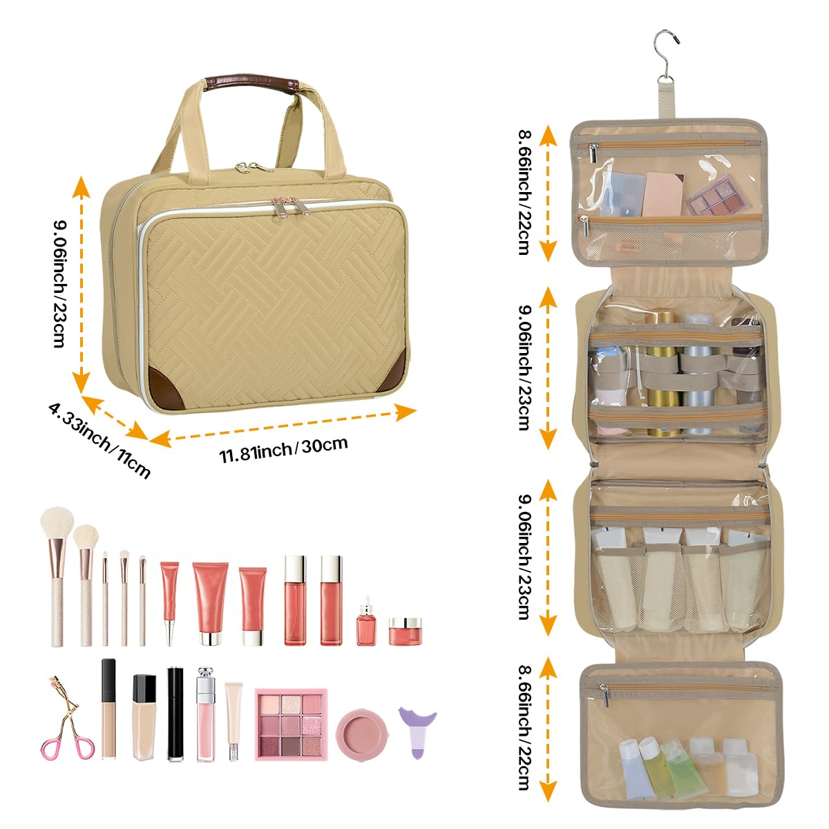 LANDFOBO Toiletry Bag for Women, Hanging Travel Toiletry Bag with Jewelry Organizer Compartment Large Makeup Bag, Cosmetic for Travel Business Trips Camping Bathroom Beige