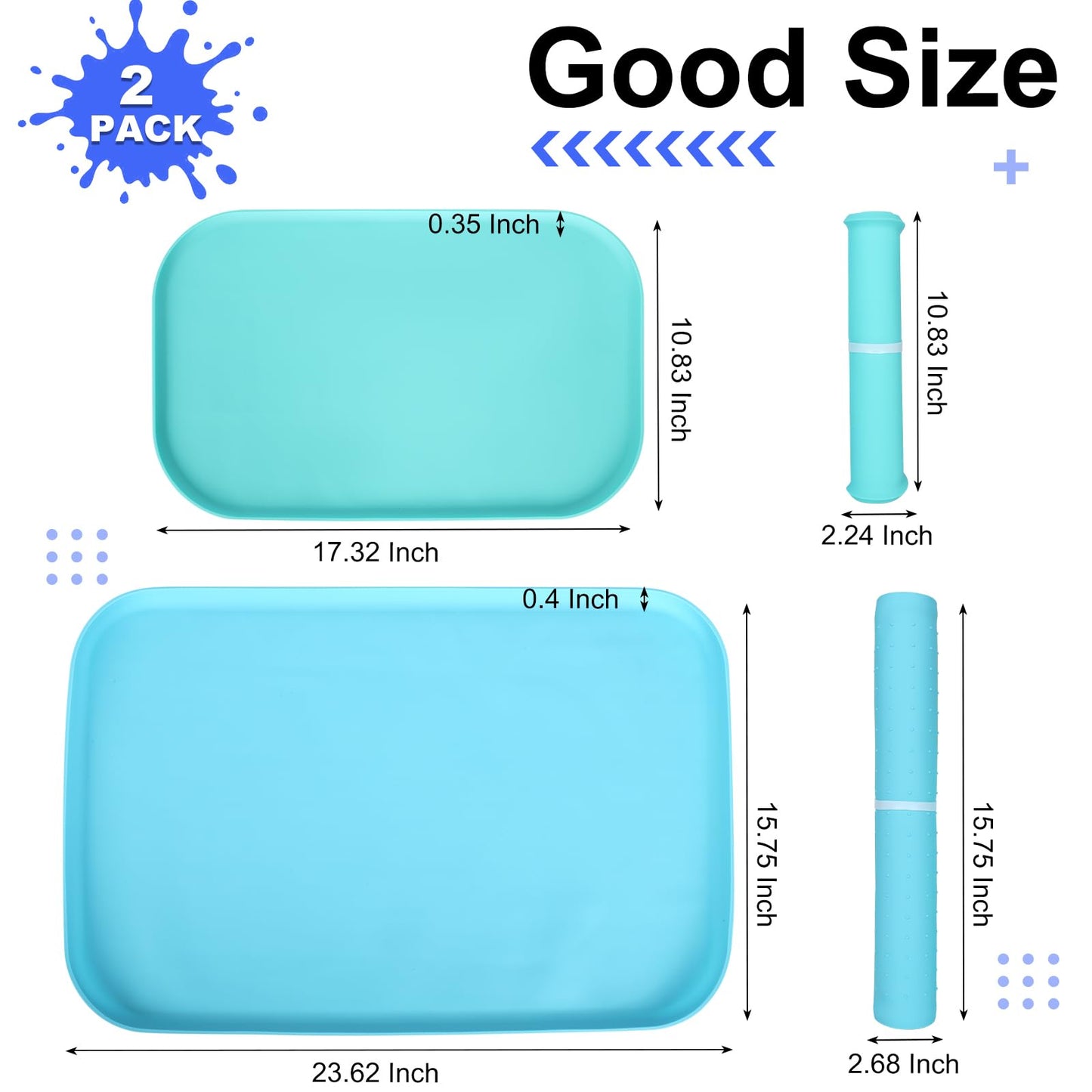 2 Pack Silicone Art Mats for Kids, 24 & 17 Inch Large Silicone Mat with Raised Lip, Rollable Washable Craft Mats for Playdough, Painting, Puzzles, Lego, Bead, Resin, Blue Mint