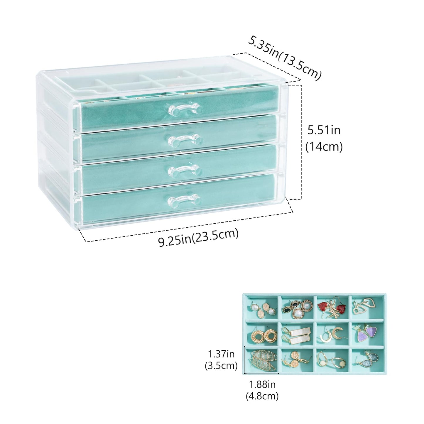 Lolalet Earring Holder Organizer Box Jewelry Storage with 4 Drawers, Clear Acrylic Stackable Earring Case with Adjustable Velvet Trays for Women on Dresser Vanity -Aqua, 4 Layers