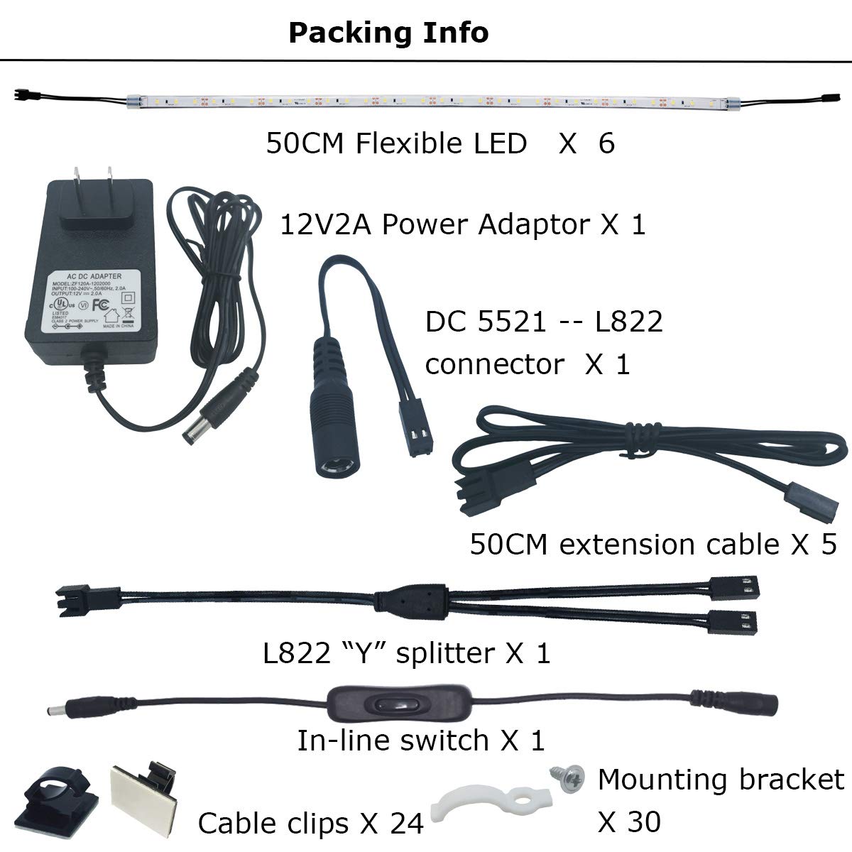 Litever Under Cabinet Light, 6 PCS 20 Inches Flexible LED Strips with Power Adapter, 24W,1800 Lumen, Daylight 5000K. Suitable for Kitchen Cabinets, Counters, Under Shelf, Closets (6-Strip-5000K)