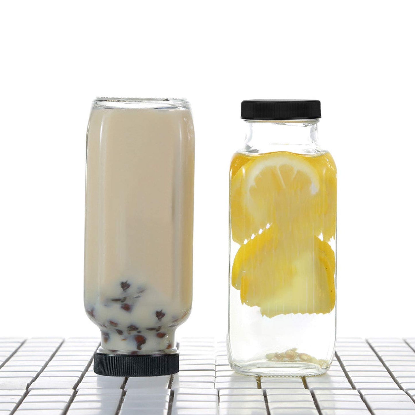 Encheng Beverages Drinking Bottles 12oz,Glass Water Botttle with Lids,Octagonal Vintage 350ml,Juice Bottles for Storage Tea,Kombucha,Milk Smoothies Jars 20Pack