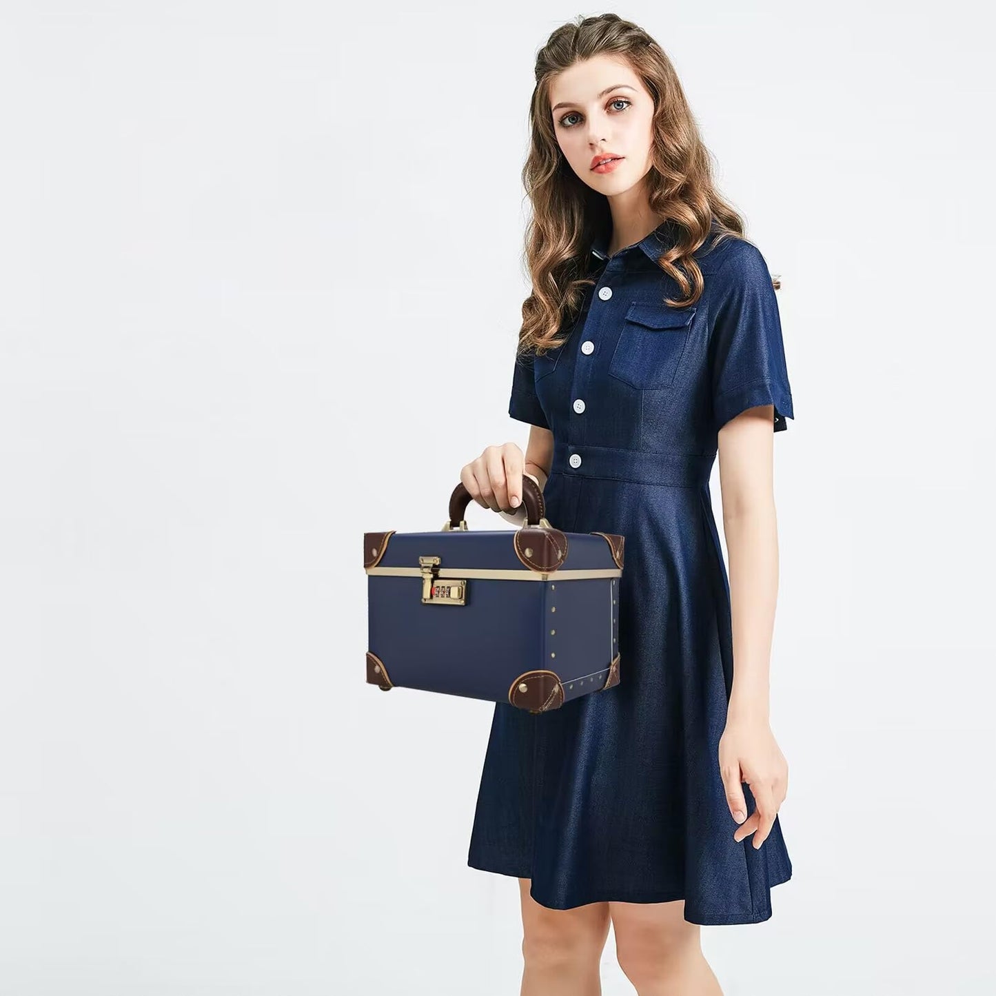 urecity Vintage Makeup Train Case, Navy Blue Artificial Leather, Professional Cosmetic Organizer with Metal Combination Lock, Retro Style Storage Box