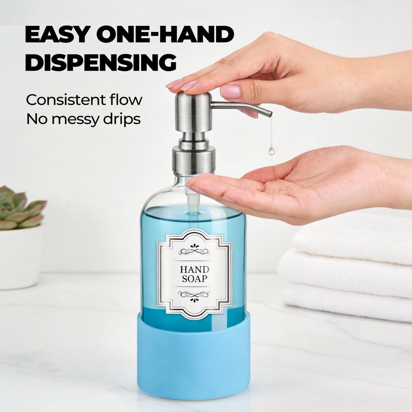 Homepicker 16 oz Hand and Dish Soap Dispenser Set for Kitchen and Bathroom, 500ml Clear Glass Soap Dispenser with Stainless Steel Pump, Non-Slip Silicone Sleeves, Labels - 2 Pack