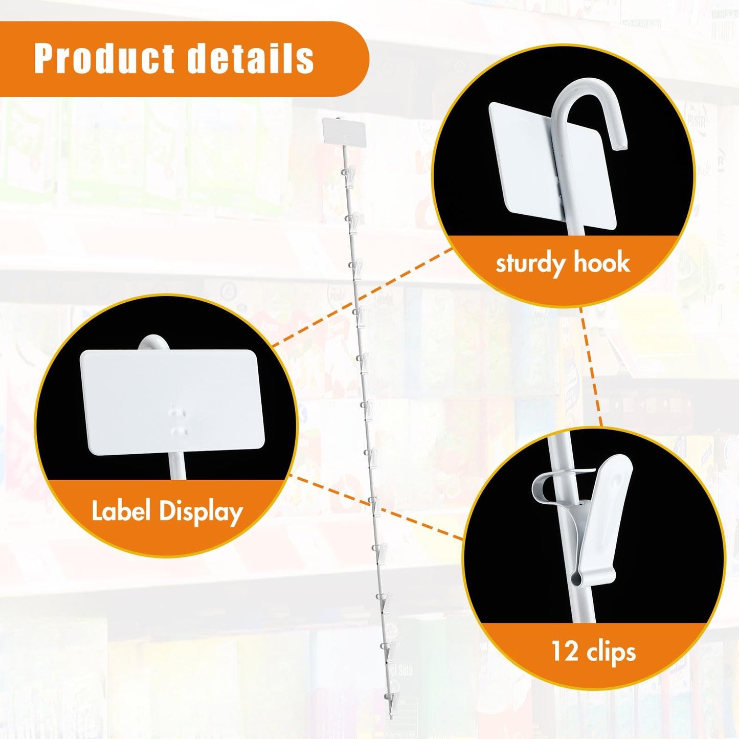 Tandefio 6 Pack Metal Merchandising Hanging Strips with Hooks,Potato Chip Rack Display Stand with Label Header and 12 Clips for Concession Home Theatre Pantry Organization (White)