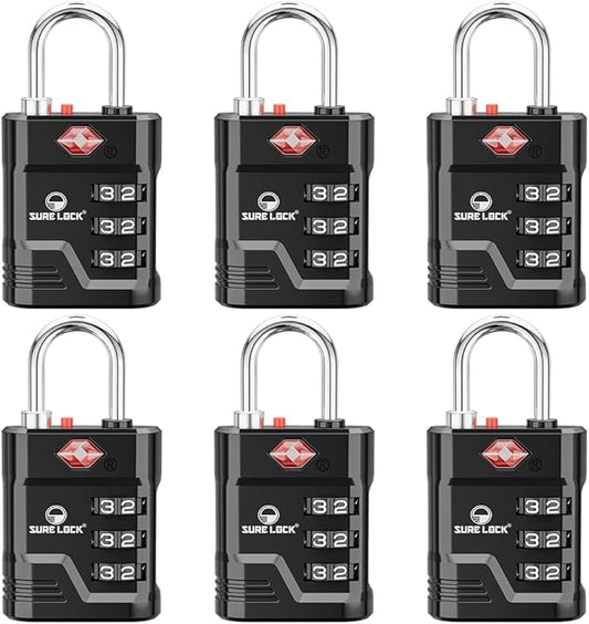 SURE LOCK TSA Locks for Luggage, TSA Approved Luggage Locks with Open Alert, 008 Key for High Security, Easy Read Dials, Zinc Alloy Body, Locker Lock for Suitcase, Gym, Travel(Black 6 pk)