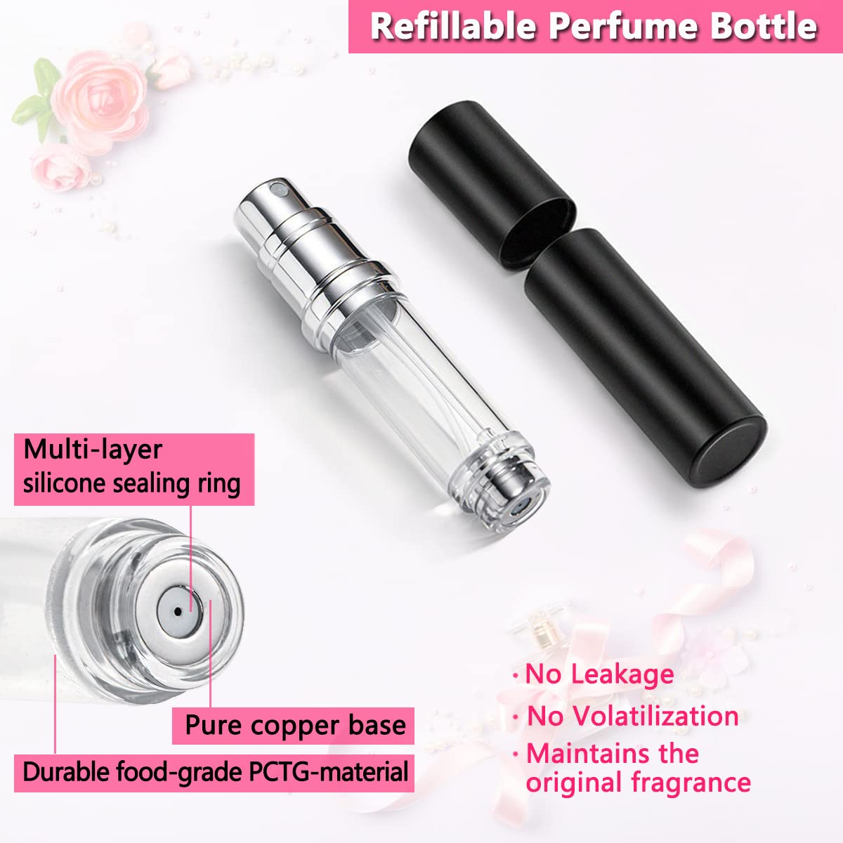 ANTOKX Travel Perfume Bottle Refillable Atomizer - 5ML Pocket Perfume Dispenser, Leakproof Portable Perfume Sprayer (Black & Rose Gold)