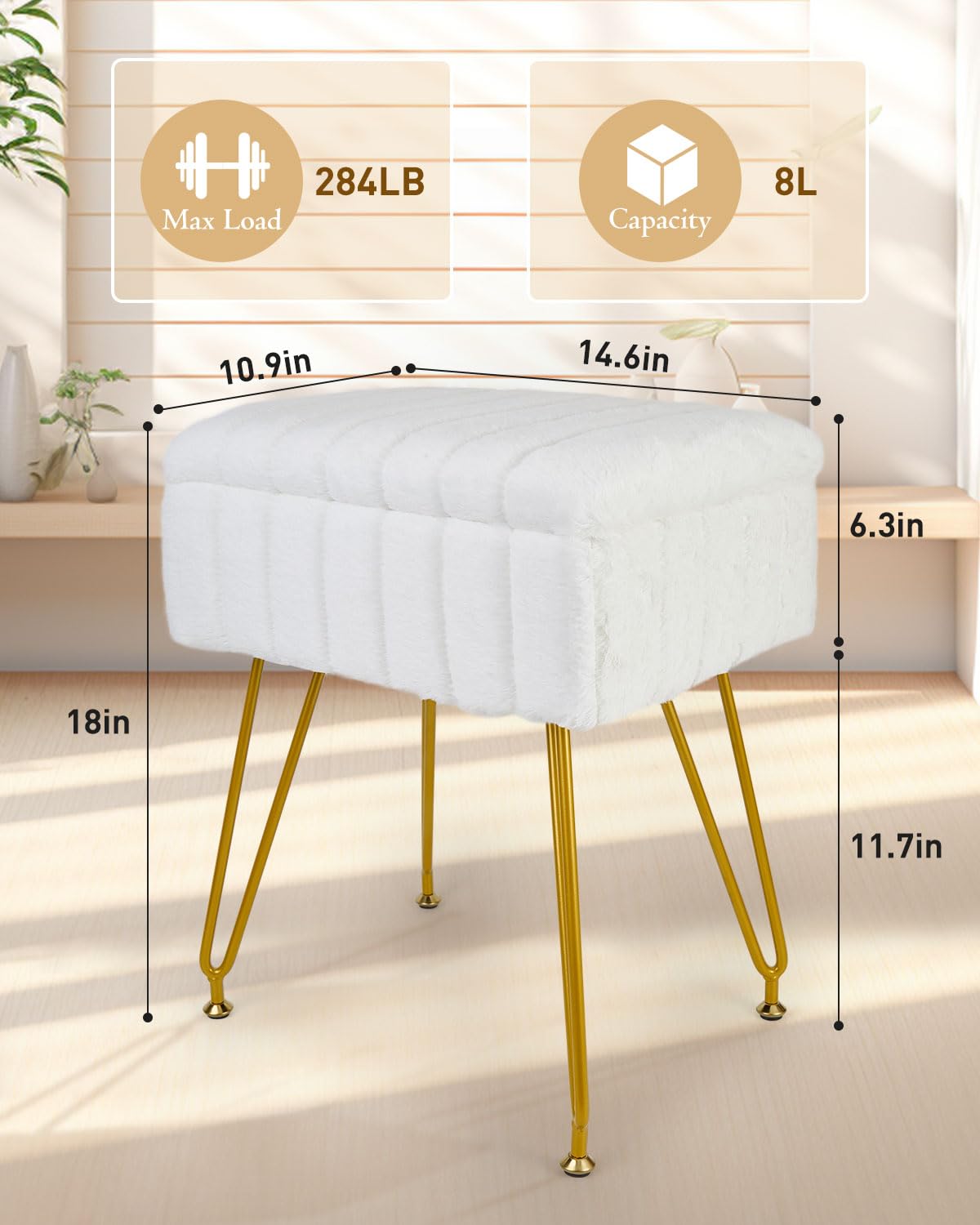 Tavovostar Vanity Stool with Storage, Faux Fur Makeup Stool with Metal Legs, Multifunctional Furry Footrest Ottoman Chair for Living Room Bedroom,White