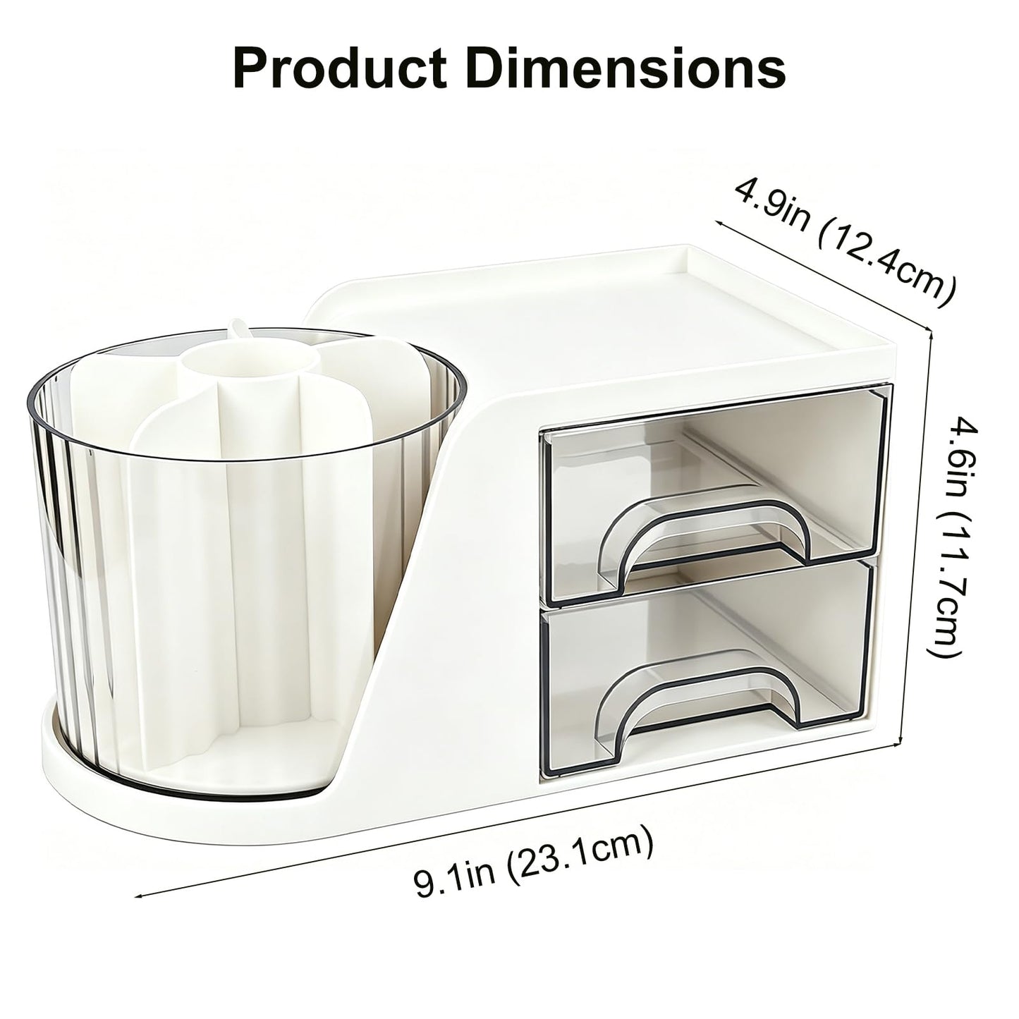 Neehows Makeup Organizer with 360°Rotating Brush Holder, Small Plastic Cosmetic Display Case with 2 Drawers for Make up Brushes Eyeshadow Lipstick Vanity Desktop Bathroom - White