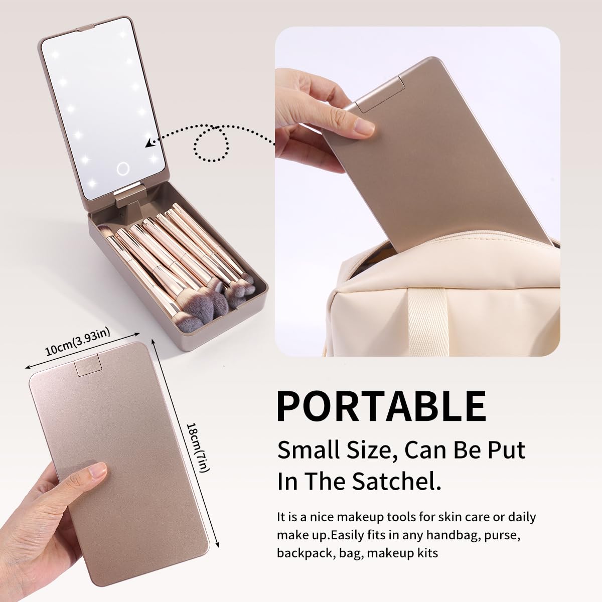 MAANGE Makeup Brush Set 10 Pcs Travel Makeup Brushes Double-ended Kabuki Brush for Foundation Powder Concealers Eye Shadows Makeup Tools Set with LED Light Mirror (Gold)