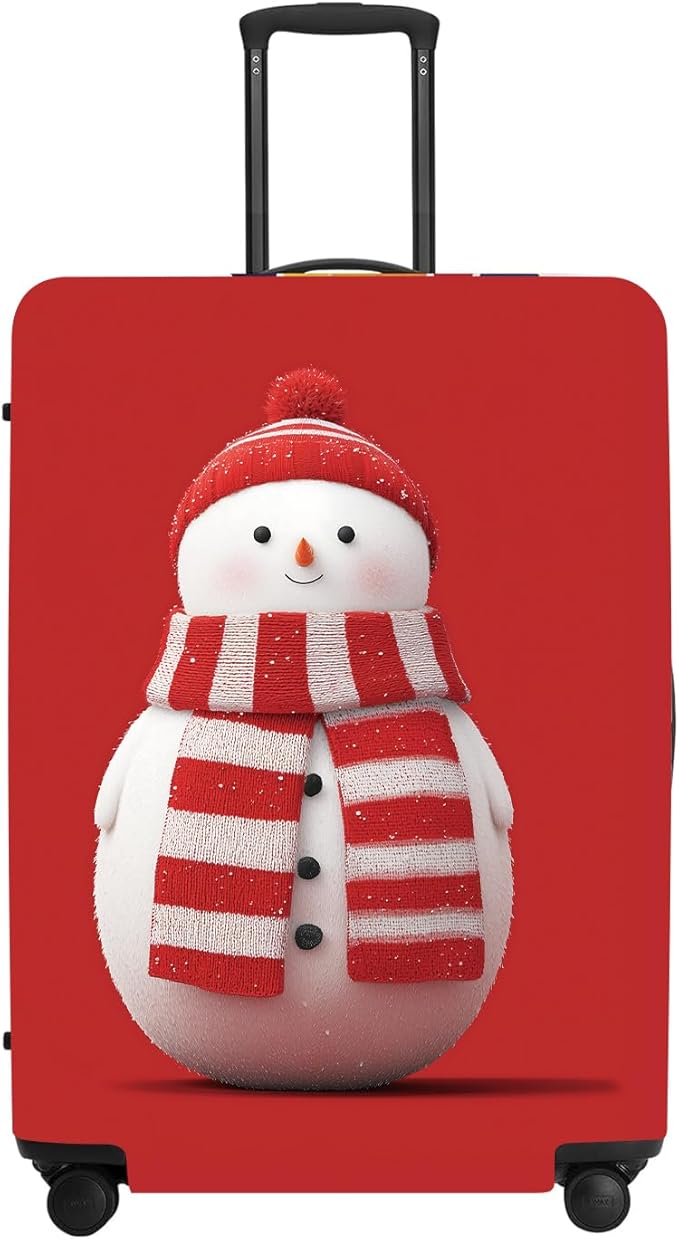 Snowman Christmas Luggage Cover - Red Background with Cute Snowman in Striped Scarf, Simple Stretchable Suitcase Cover 24 26 Inch