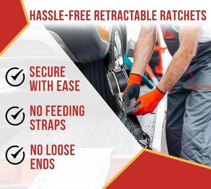 Mytee Products 4 Auto Retract NO-RATCHETING Ratchet Straps | 1" x 12' Retractable Ratchet Straps with Coated S Hook Tiedowns for Motorcycles, ATVs, Bikes: Tight & Secure Pickup Trailer Tie-Down