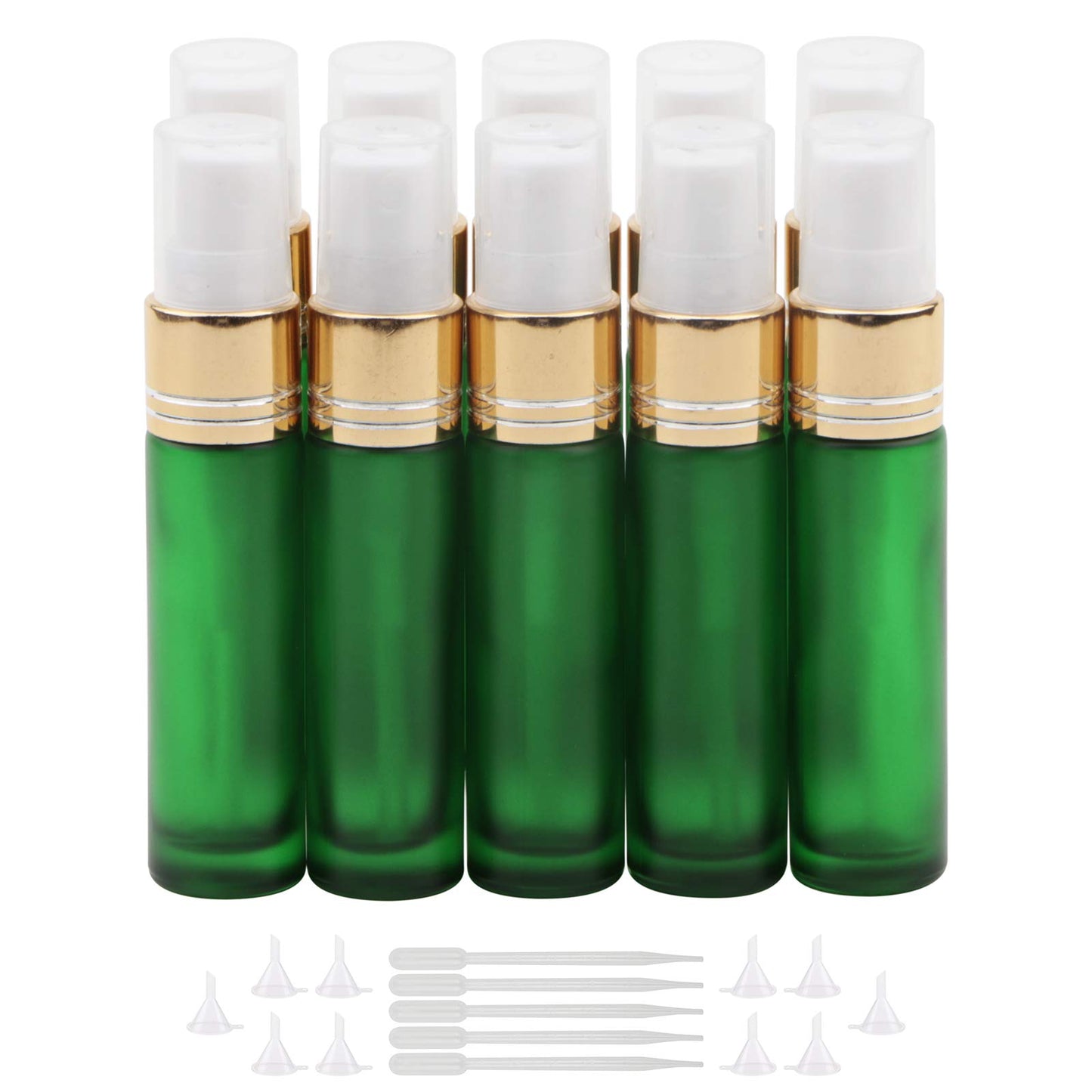 Newzoll 10Pcs Glass Spray Bottles, 10ml (1/3oz) Matte Green Sprayer Bottle with Funnels Droppers, Fine Mist Sprayer Atomizer Vials for Essential Oils Perfume Cosmetic Liquid