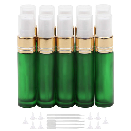 Newzoll 10Pcs Glass Spray Bottles, 10ml (1/3oz) Matte Green Sprayer Bottle with Funnels Droppers, Fine Mist Sprayer Atomizer Vials for Essential Oils Perfume Cosmetic Liquid