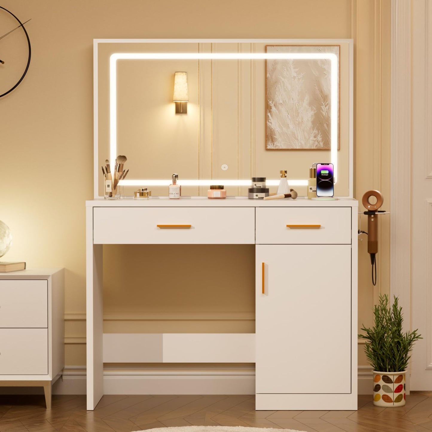 DUMOS Makeup Vanity Desk with Mirror and Adjustable LED Lights, White