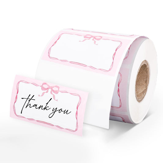 FYSUIMU Pink Bow Direct Thermal Labels 1.3 x 2.3 inch Bowknot Coquette Label Stickers Rectangle Self-Adhesive Printer Decals for Valentine's Day Wedding DIY Name Tag Custom Logo Candle Design, 500 Pcs
