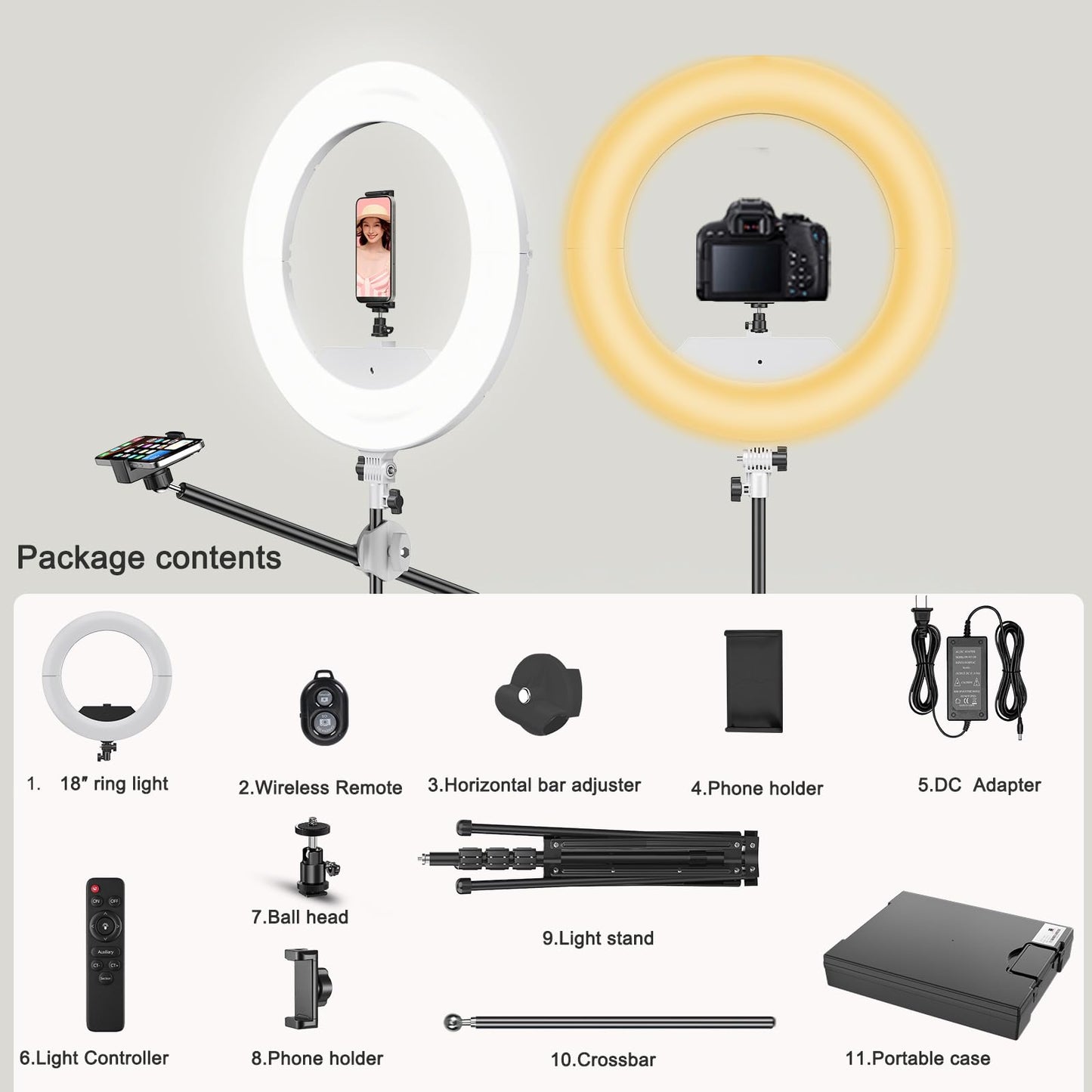Bzyltrux 55W18 45cm Ring Light Kit [New Version] 6700K Dimmable LEDRinglightTripod Stand Dual Phone Holder for iPhone Selfie Makeup LashTattoo Studio Lighting Painting,Photo Video Recording (White)