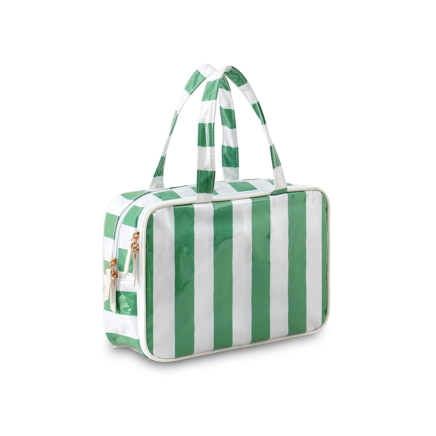 Travel Toiletry Bag for Women, Waterproof Clear Coated Portable Stripe Makeup Cosmetic Bag with Compartment, Travel Organizer for Shampoo, Conditioner, Brushes Set,Cosmetic Accessories(White-Green)