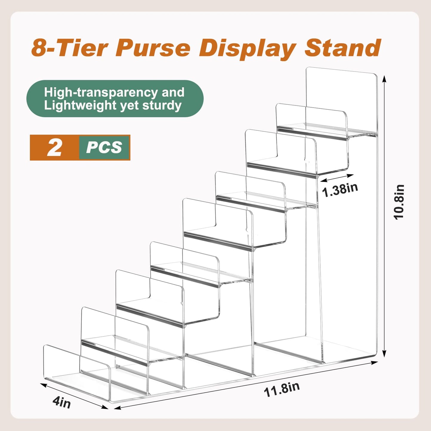 Kathfly 2 Pack 8-Tier Acrylic Wallet Display Stand Clear Purse & Handbag Organizer Riser Shelf for Perfume, Sunglasses, Cosmetics, Jewelry Vendor Display for Craft Fairs, Retail