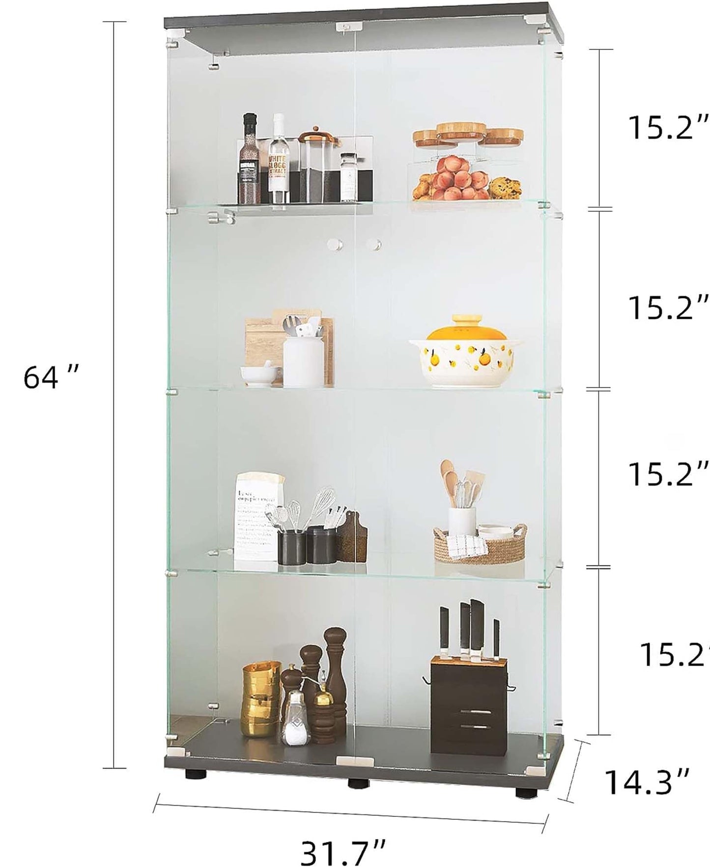 APRILSOUL Glass Display Cabinet 4-Shelf with Double Door, Curio Display Cabinet with 5mm Tempered Glass, Floor Standing Bookshelf for Bedroom, Living Room, 64 x 31.7 x 14.3 in, Black