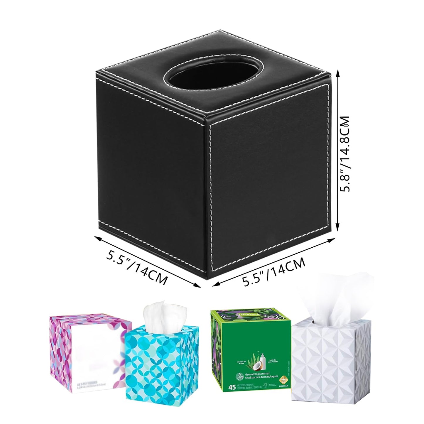 Leather Tissue Box Cover Square,Upgrade 99% Compatible Large Size,Modern Tissue Box Holder for Napkin Facial Paper,Dryer Sheet Dispenser Organizer for Bathroom Vanity Countertop,Night Stand Black