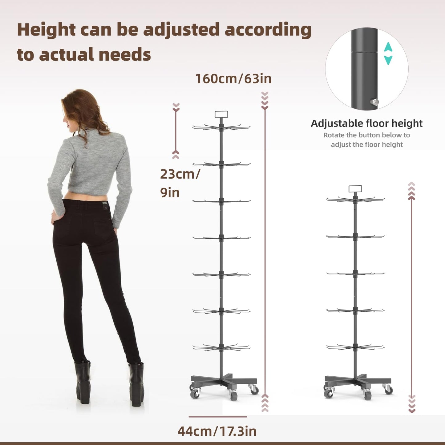 YEOOE Upgraded Retail Display Stand 7 Tier Spinning Display Stand, Movable Shop Spinner Rack with Hooks, Retail Display Racks for Jewelry Keyring Hats Socks Toys (Black)