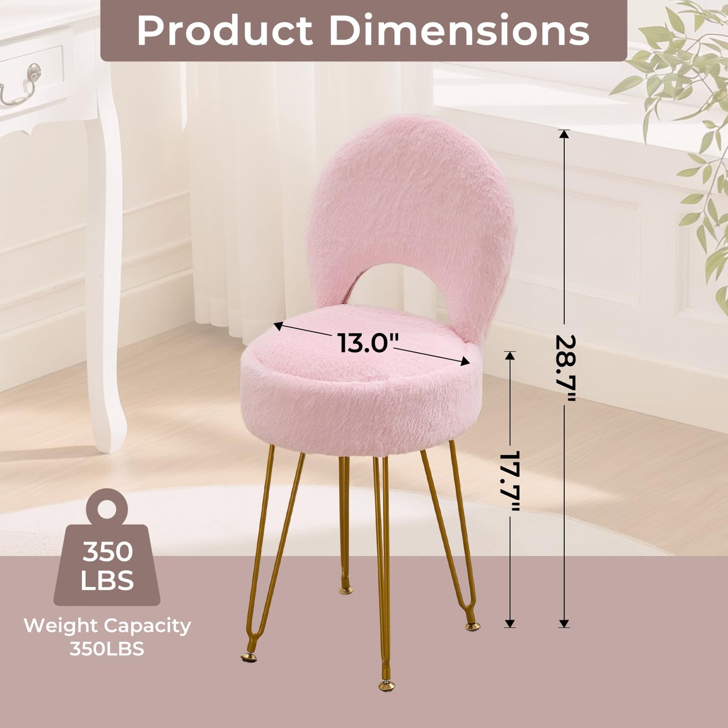 RUCUKEN Faux Fur Pink Small Vanity Chair & Stool - 13" Dx13 W Folding Back Storage Ottoman, Anti-Slip Golden V-Leg for Bedroom Makeup Room