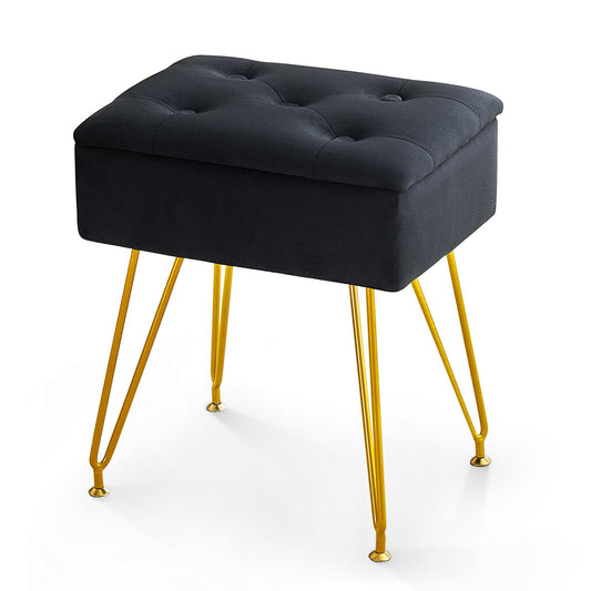 ALeesing Vanity Stool with Storage, Velvet Makeup Stool with Flip Top, Square Ottoman Chair with Metal Legs & Adjustable Feet for Bedroom Living Room, Black