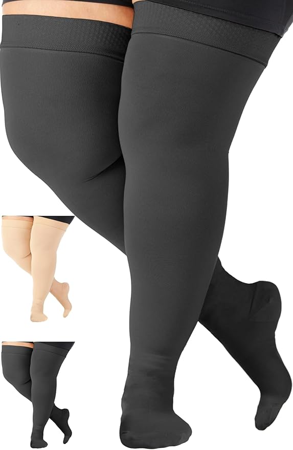 ABSOLUTE SUPPORT Plus Size Thigh Hi Compression Stockings for Men & Women 20-30mmHg, Opaque Over Knee Compression Socks with Wide Calf for Postpartum, Achilles Tendon, Embolism, DVT, Black, 3X-Large