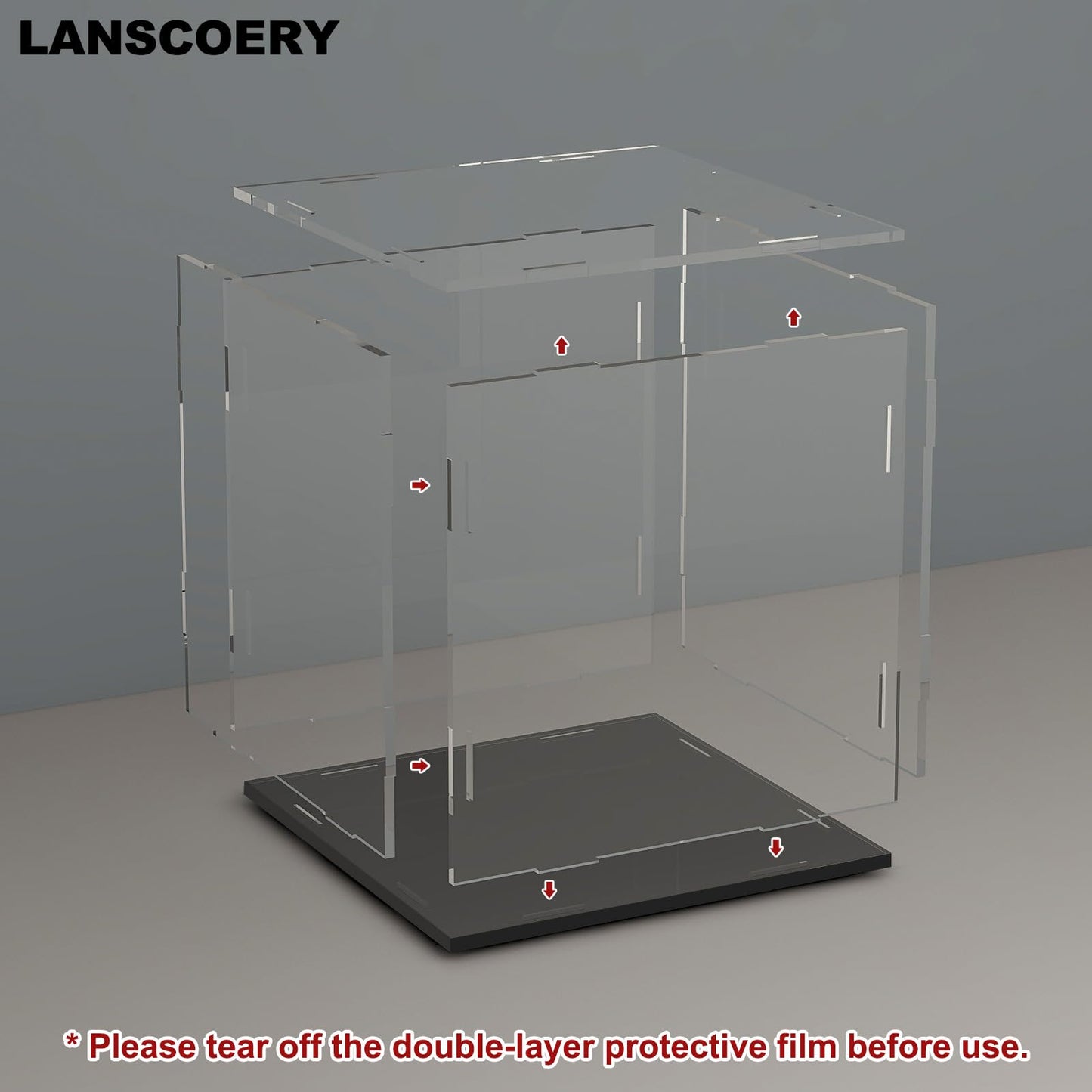 LANSCOERY Acrylic Display Case, Assemble Showcase Display Box for Collectibles, with Dustproof & Seamless Display Design, 11x9.1x11inch Black Base