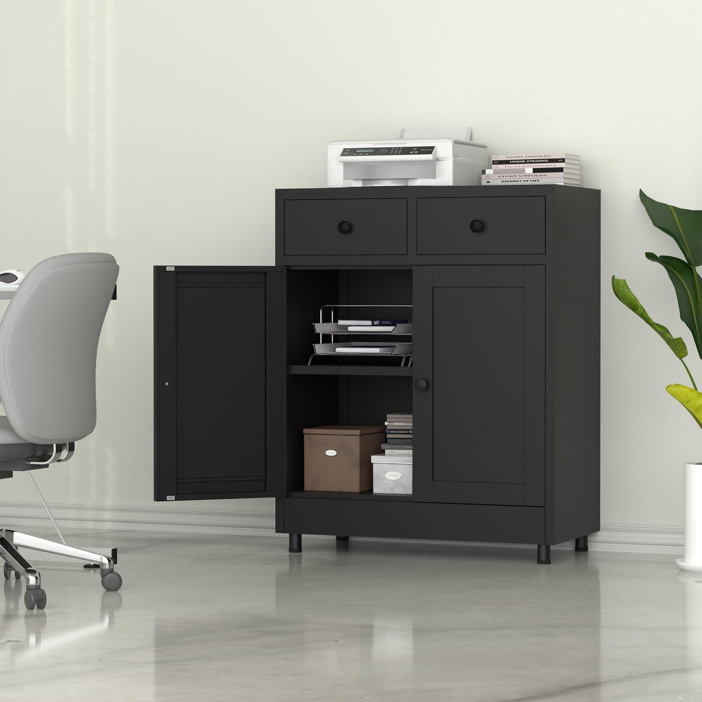 JINKUR Metal Storage Cabinet with 2 Drawers and Adjustable Shelf, Sideboard Buffet Cabinet for Home, Office, Hallway, Entryway, Living Room, Kitchen Pantry and Dining Room (Black)
