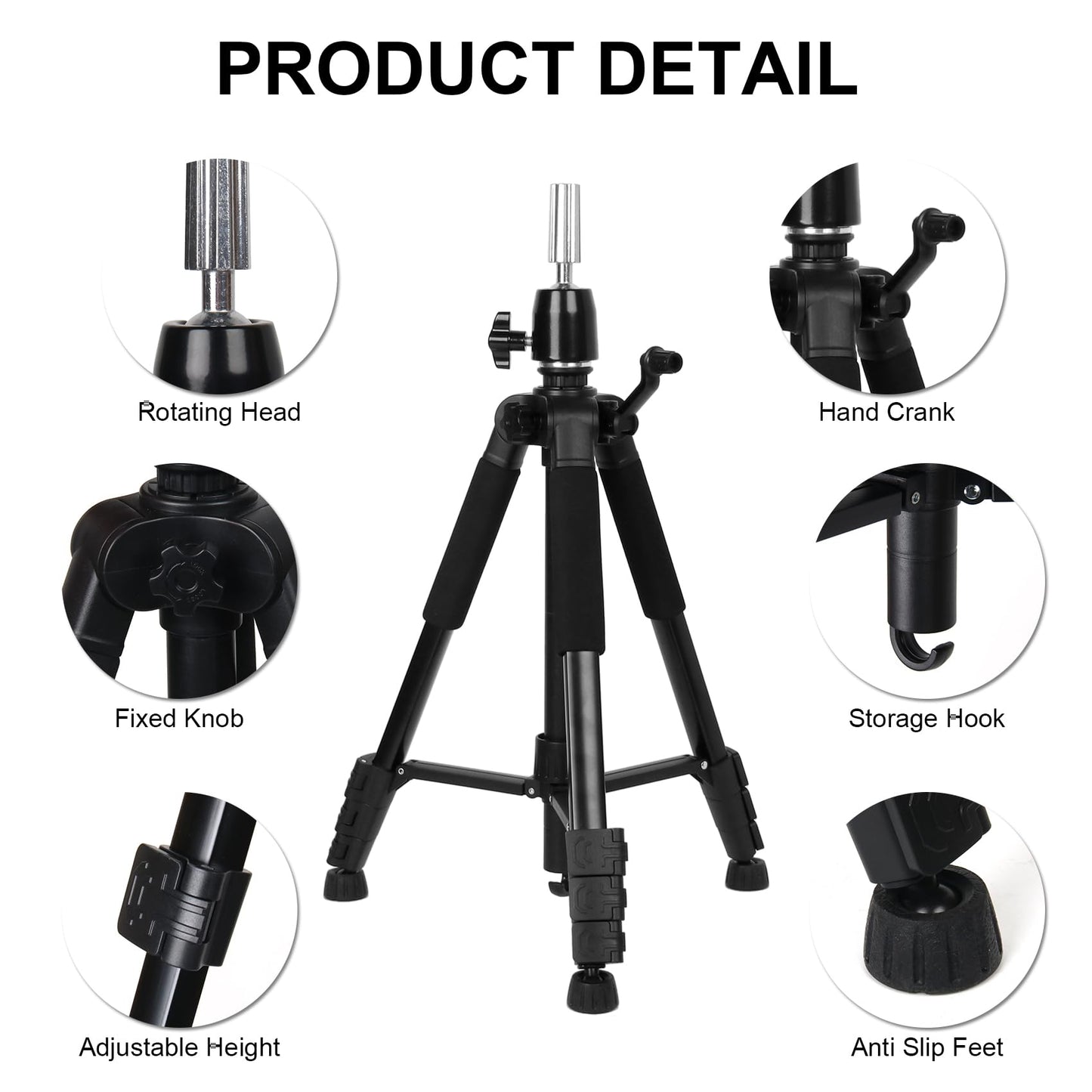NomadSphere Heavy Duty Wig Stand Tripod Adjustable up to 62 Inch, 360° Rotation with Non-Slip Base and Hook Carry Bag for Hair Styling Training Display