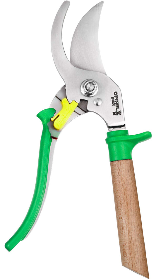 Opinel Hand Pruning Shears with non-slip beech wood handle perfect for bypass trimmers, garden, hedge, lawn clippers or hand scissors with stainless steel blade (Green)