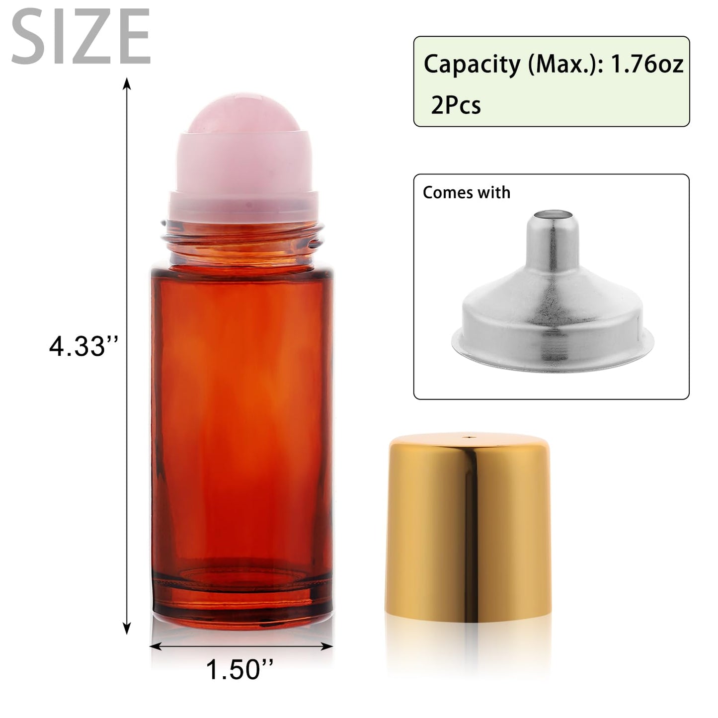 RAMFIYN 2 pack 1.7oz Large Amber Glass Roll on Bottles Rose Quartz Roller Ball Applicator for Essential Oils Perfume Refillable Empty Deodorant Containers with Pink Crystal Rollerball