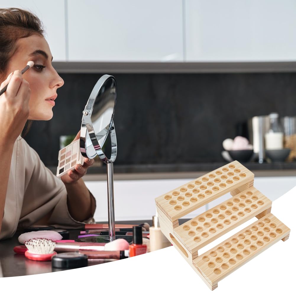 SUPERFINDINGS 1 Set 90 Slots Wooden Lipsticks Holder 3 Tier Tube Display Shelf Wood Tool Rack Wooden Essential Oil Display Storage Organizer for Cosmetic Lip Gloss Tool, Slot IDxT: 0.8"x0.4"