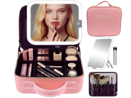 CIELINNE Travel Makeup Bag with LED Mirror, Portable Cosmetic Train Case, Adjustable Brightness in 3 colors Dividers & Brush Holder, Large Organizer Fall in love with your Reflection