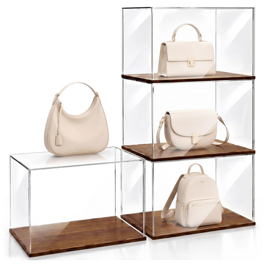Leinuosen 4 Packs Purse Storage Organizer for Closet Clear Acrylic Handbag Display Case Solid Wood Base Stackable Handbag Storage Box Floor-standing Purse Organizer for Closet Bedroom(Retro Brown)
