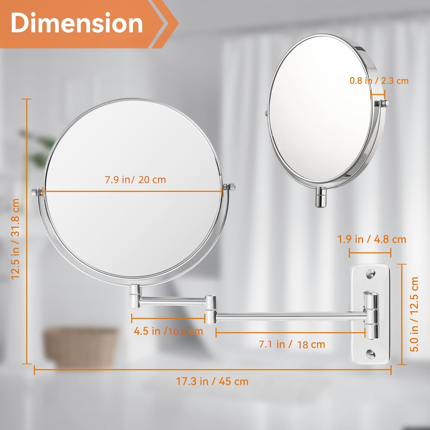 AumVum 8 inch Wall Mounted Makeup Mirror, 1X/10X Magnifying Double-Sided Wall Mount Shaving Mirror (Close-Up 10X) with Extendable Arm, 360° Swivel for Bathroom Vanity, Chrome (No Light)
