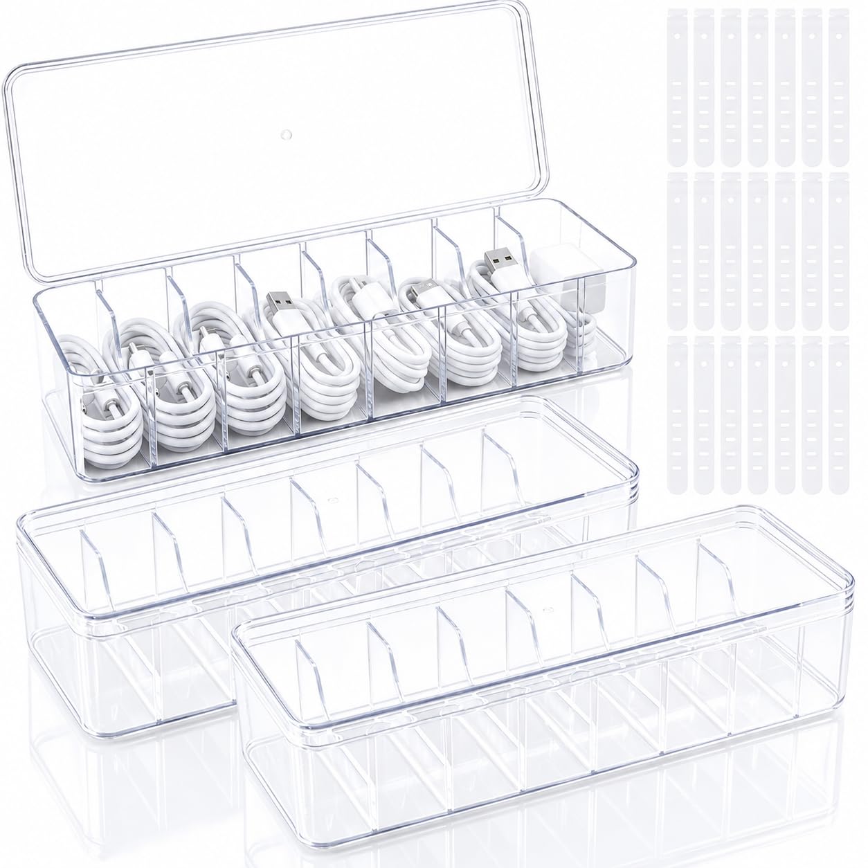 Dyrfolm 3 Pcs Cable Organizer Box with Lid,Clear Plastic Cord Storage Box with 8 Compartments and 21 Wire Ties, Electronics Organizer for Home Office Drawer Desk Accessories
