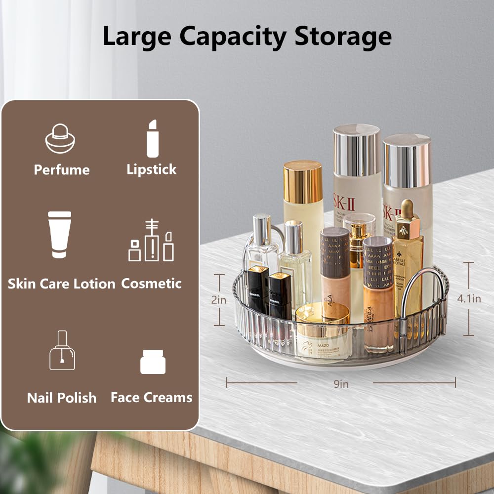 UNICOMVSX Rotating Makeup Organizer for Vanity, Spinning Cosmetics Storage for Bathroom Countertop, Skincare Holder Rack for Facial Cream, Perfume, Lotion, Lipstick (1 Tier, Smoky Grey)