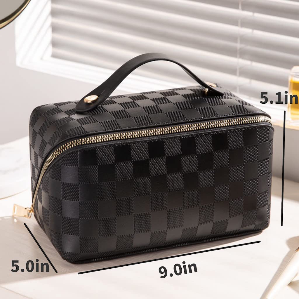 BIVIZKU Large Capacity Checkered Makeup Bag Portable Travel Cosmetic Bags Open-Flat Toiletry Bag for Women Girls Make Up Organizer with Divider Pouch Zipper Bag (black-checkered)