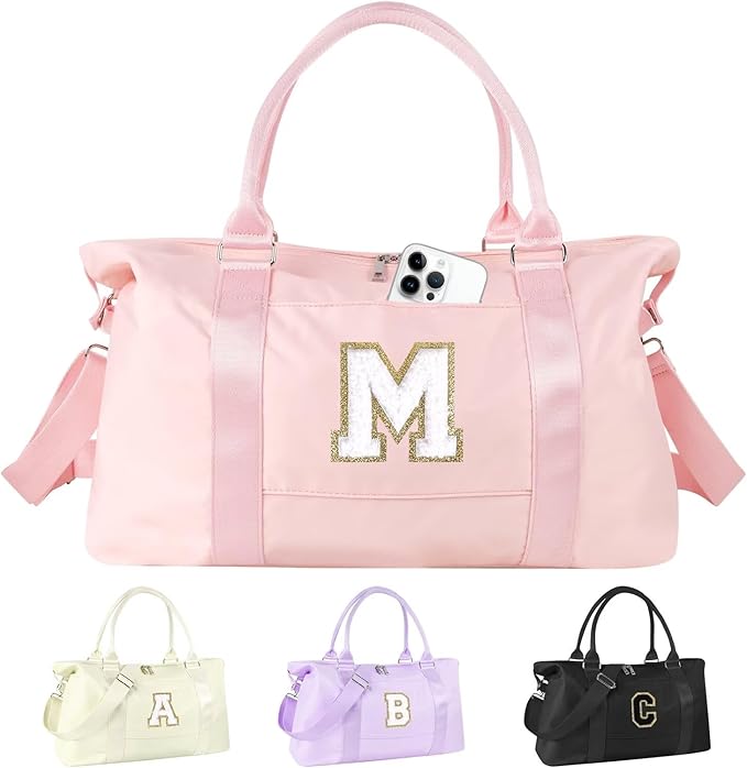 Dance Gym Duffel Bag for Teen Girls, Personalized Initial Travel Weekender Bag,Cute Overnight Carry On Duffle for Women,Sports Travel Cheer Bag,Monogram Christmas Gifts for Tween Preppy(pink-M)