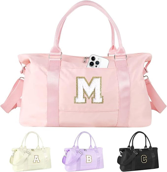 Dance Gym Duffel Bag for Teen Girls, Personalized Initial Travel Weekender Bag,Cute Overnight Carry On Duffle for Women,Sports Travel Cheer Bag,Monogram Christmas Gifts for Tween Preppy(pink-M)