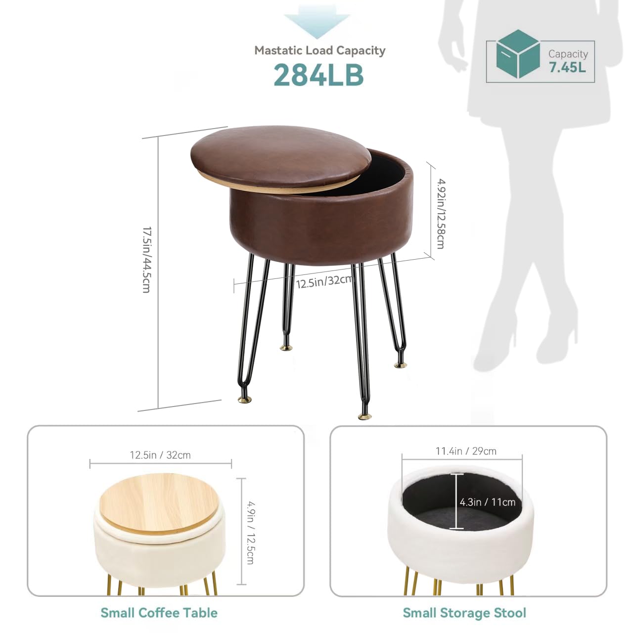BRIAN & DANY Vanity Stool, Leather Vanity Stool Chair with Storage, Round Makeup Chair Soft Padded Seat with Legs for Bedroom (Brown)