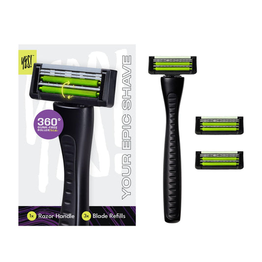 Anti-Clogging Razor Cartridge with Patented Dual Roller System – Triple Blade, Easy-Rinse Design, 1 Handle 3 Refills – YES! Your Epic Shave