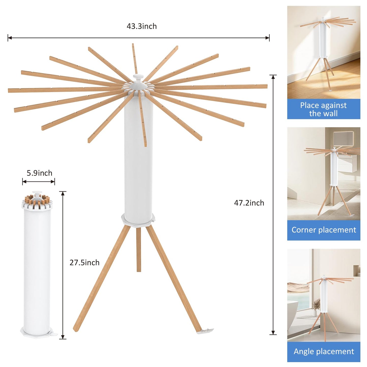 Clothes Drying Rack, Foldable Wooden Tripod Drying Rack Clothing for Small Apartments Balcony Bedroom, Portable Space Saving Laundry Rack, Floor Standing with 16 Octopus Poles for Indoor Drying.