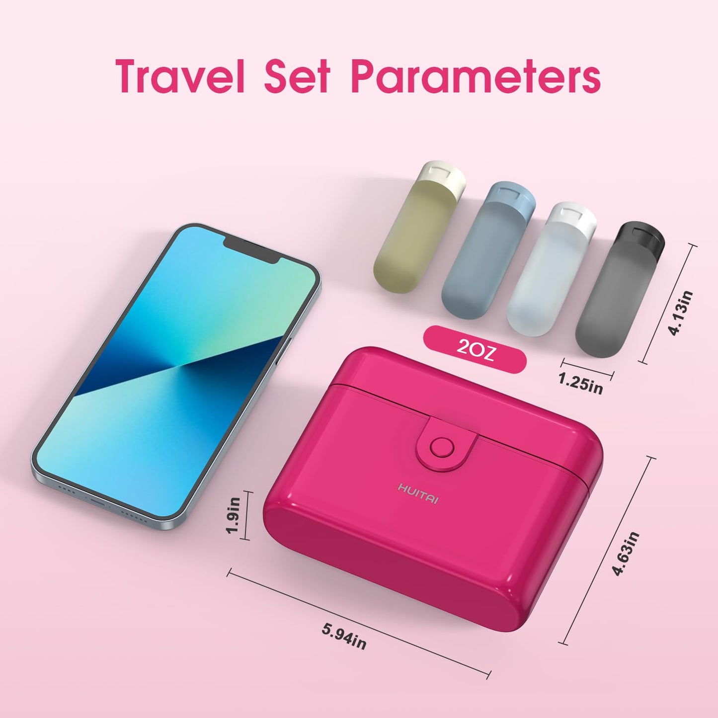 HUITAI Travel Bottles with Case, 4x2oz TSA Approved, Leak-Proof, Press to Unlock, Compact & Portable Travel Toiletries (Hot Pink)