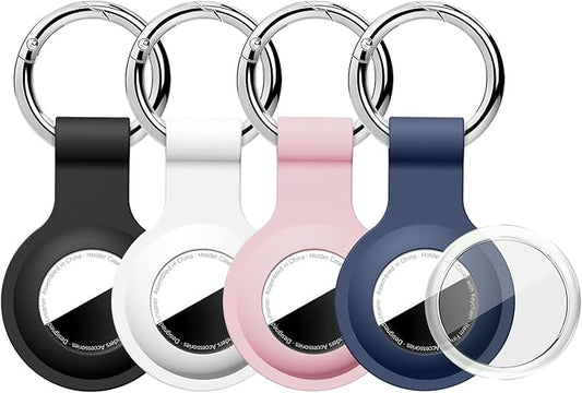 Upgraded for AirTag Holder with Clear Cover Full Coverage Case Keychain for Air Tag, Silicone for AirTags 4 Pack for Apple Holder GPS Tracker Item Tag Finders, Black/Blue/Pink/White