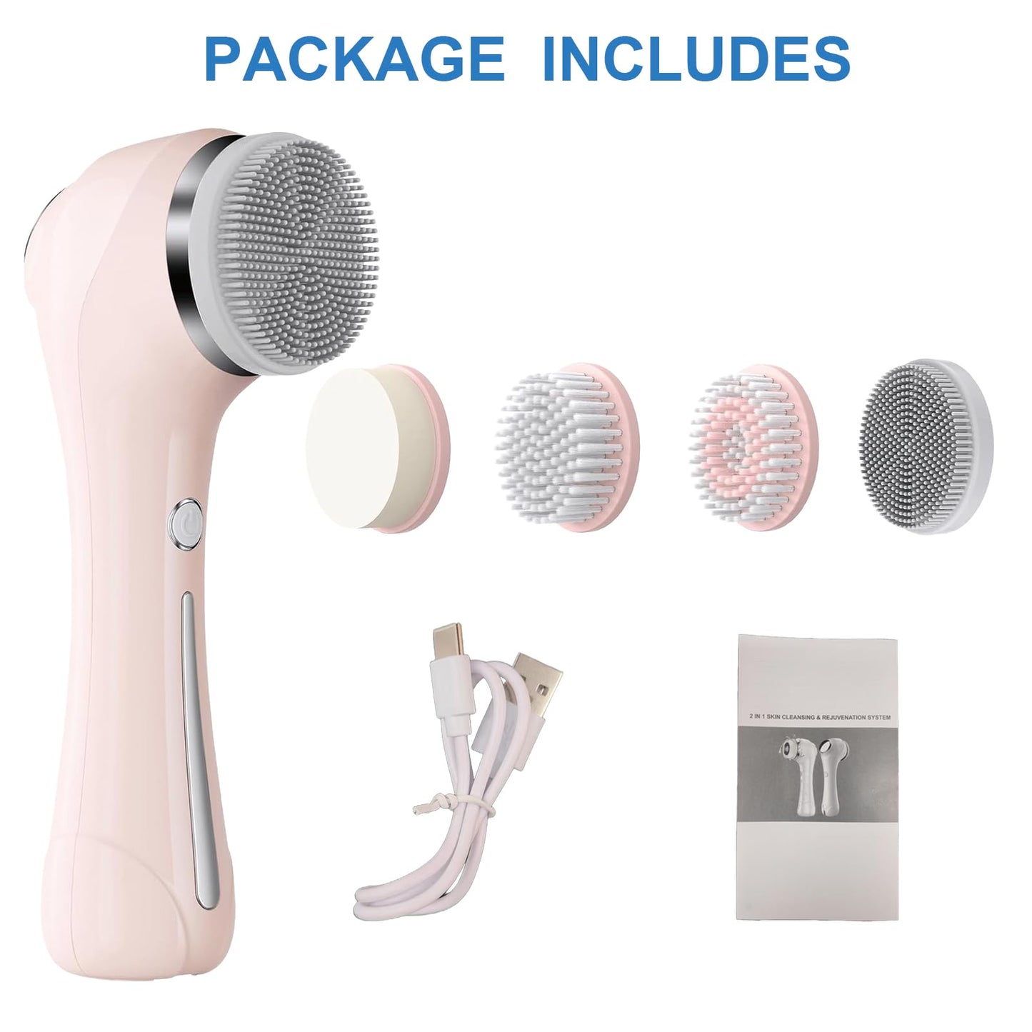Facial Cleansing Brush, 2 in 1 Ｗaterproof IPx7 Facial Spin Scrubber Set with 4 Brush Heads, Rechargeable Exfoliating Face Brush Deep Cleansing, Gently Exfoliate and Remove Blackhead (Pink)