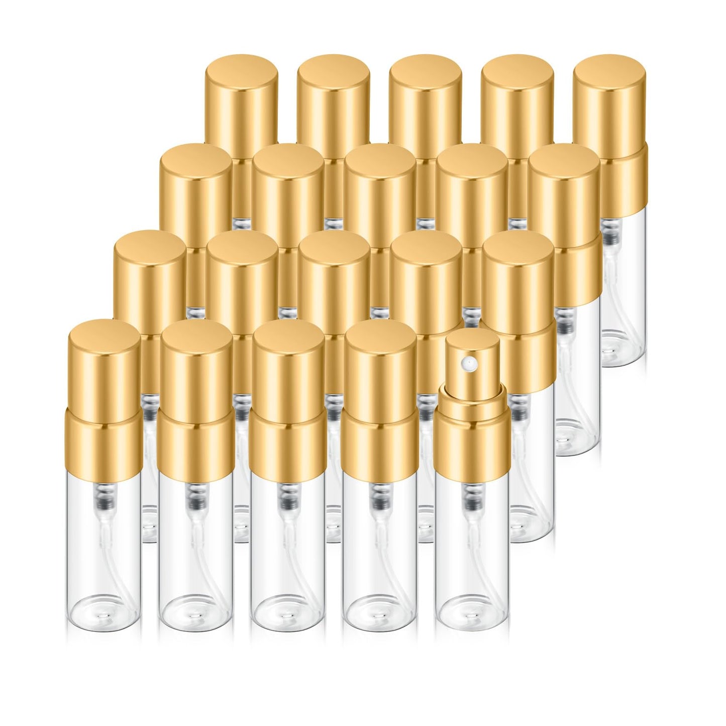 Jxcmeng 20Pcs 3ml Empty Clear Glass Mist Spray Bottle Refillable Mini Perfume Atomizer Travel Sample Bottle with Golden Aluminized Nozzle Makeup Container for Perfume (3ml Gold Caps)