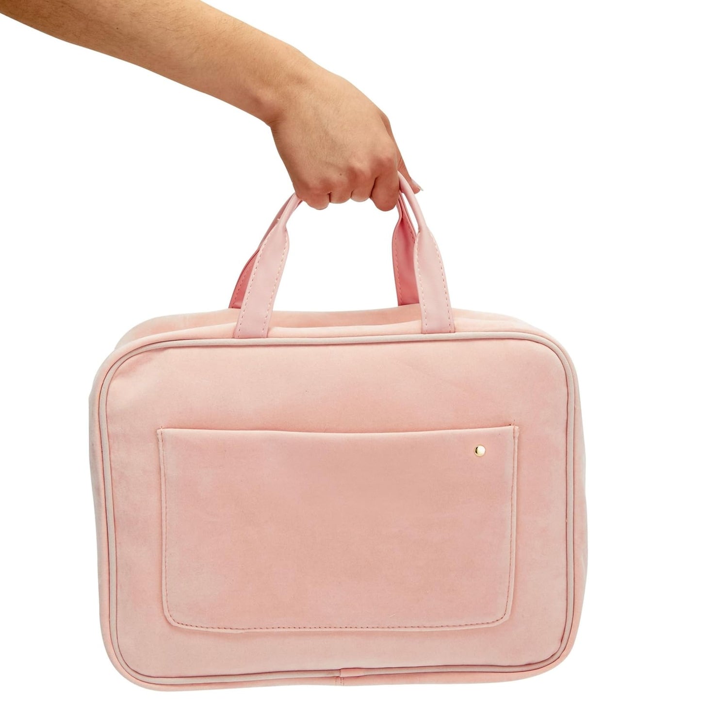 Glamlily Large Roll Up Hanging Toiletry Bag for Women, Pastel Pink Makeup Travel Organizer with S Hook for Cosmetics, Hair Accessories, Razors (13x4.5x9.75 In)